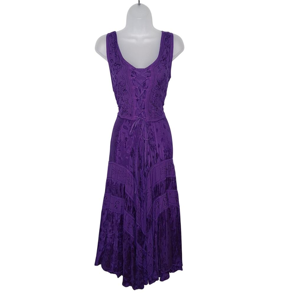 Fairy Grunge Midi Dress Embroidered Corset Lace Up Smocked Peasant Boho O/S